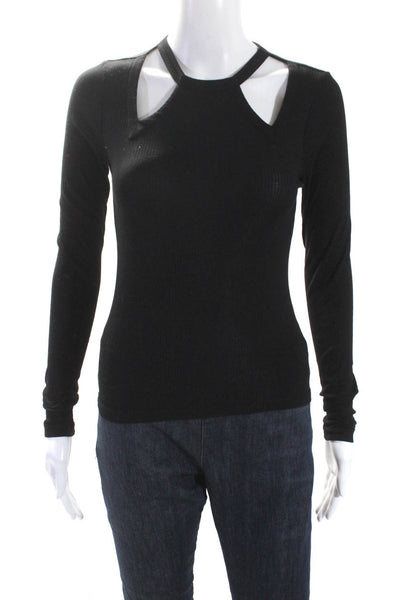 Monrow Women's Round Neck Long Sleeves Cut-Out Ribbed Blouse Black Size XS