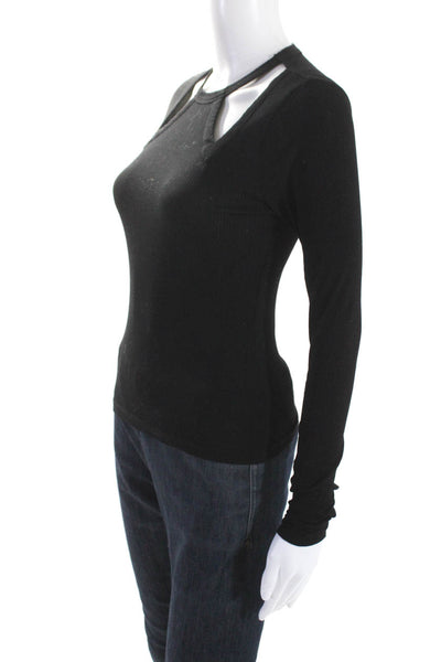 Monrow Women's Round Neck Long Sleeves Cut-Out Ribbed Blouse Black Size XS