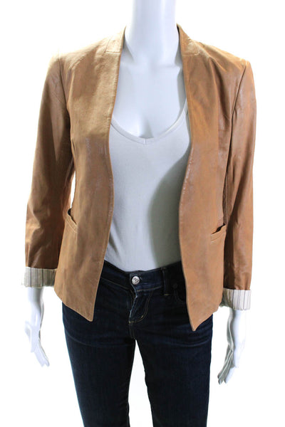 Theory Women's Long Sleeves V-Neck Line Pockets Leather Jacket Camel Size 0