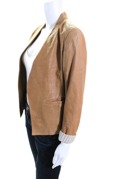 Theory Women's Long Sleeves V-Neck Line Pockets Leather Jacket Camel Size 0