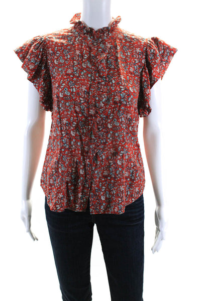 La Vie Women's Round Neck Sleeveless Ruffle Button Down Floral Blouse Size S