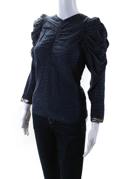 Ulla Johnson Women's Round Puff Sleeves Blouse Navy Stripe Size 0