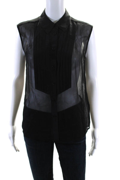 Equipment Femme Women's Sleeveless Collared Button Up Sheer Blouse Black Size XS