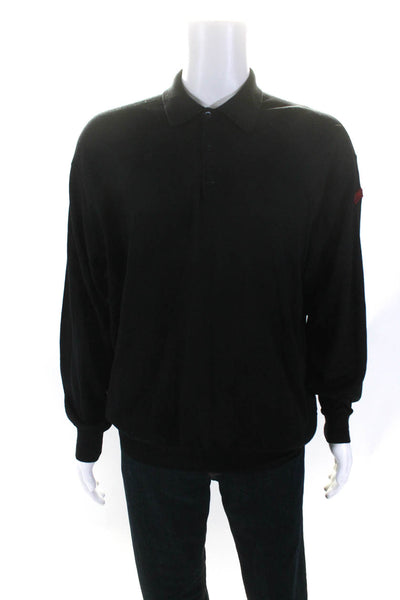 Les Copains Mens Thin Knit Collared Long Sleeve Polo Shirt Black Size IT 54