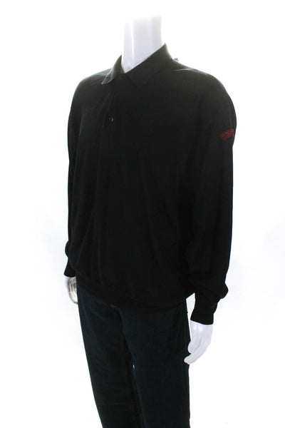 Les Copains Mens Thin Knit Collared Long Sleeve Polo Shirt Black Size IT 54