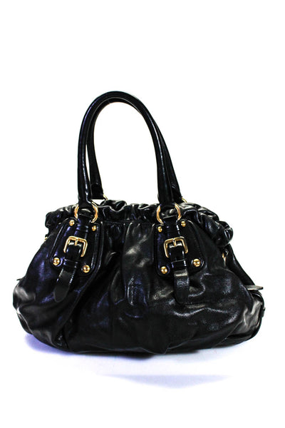 Prada Womens Leather Tessuto Medallion Zipped Ruched Satchel Handbag Black