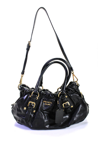 Prada Womens Leather Tessuto Medallion Zipped Ruched Satchel Handbag Black