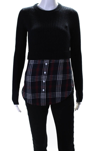 Veronica Beard Womens Plaid Trim Sweater Navy Blue Red Size Extra Small