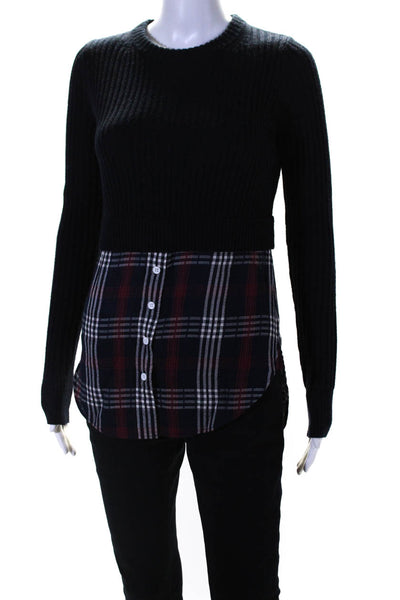 Veronica Beard Womens Plaid Trim Sweater Navy Blue Red Size Extra Small