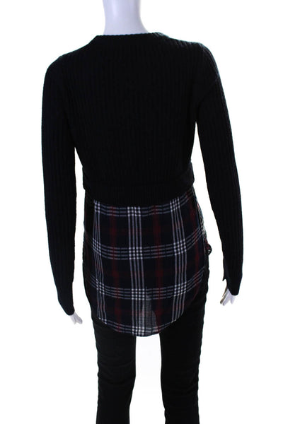 Veronica Beard Womens Plaid Trim Sweater Navy Blue Red Size Extra Small