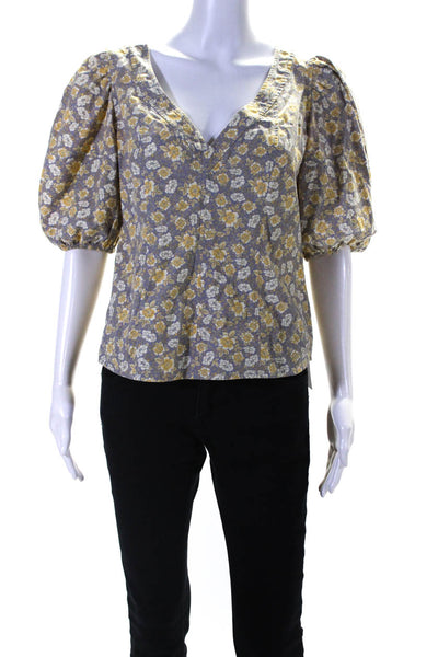 La Vie Womens Floral Print V Neck Puffy Sleeves Blouse Gray Yellow Size Small