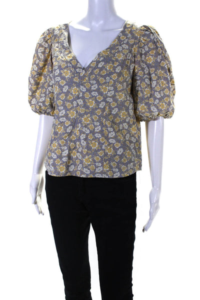 La Vie Womens Floral Print V Neck Puffy Sleeves Blouse Gray Yellow Size Small