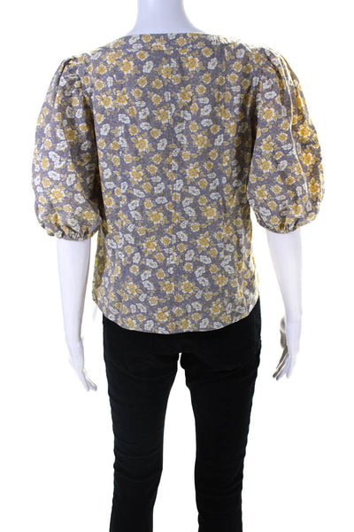 La Vie Womens Floral Print V Neck Puffy Sleeves Blouse Gray Yellow Size Small