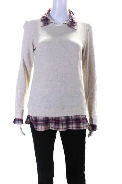 Drew Womens Plaid Trim Crew Neck Sweatshirt Beige Cotton Size Extra Small