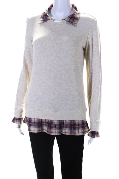 Drew Womens Plaid Trim Crew Neck Sweatshirt Beige Cotton Size Extra Small