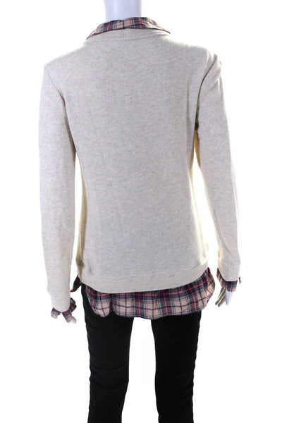 Drew Womens Plaid Trim Crew Neck Sweatshirt Beige Cotton Size Extra Small