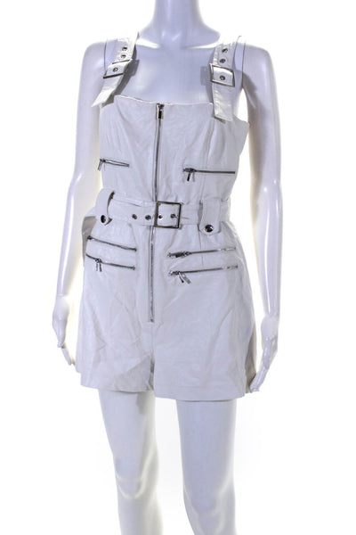 Weworewhat Womens Faux Leather Zipper Trim Belted Romper White Size M