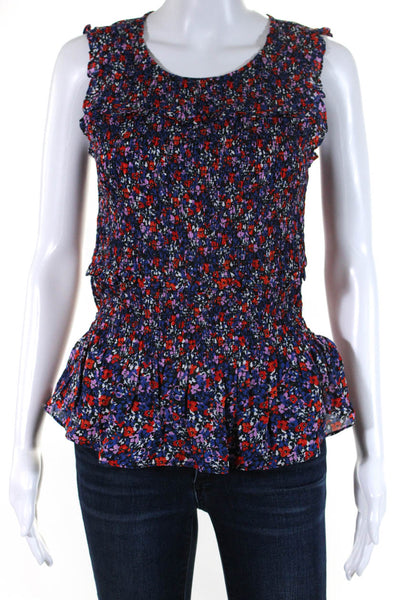 Parker Womens Silk Floral Print Smocked Sleeveless Blouse Top Navy Blue Size XS