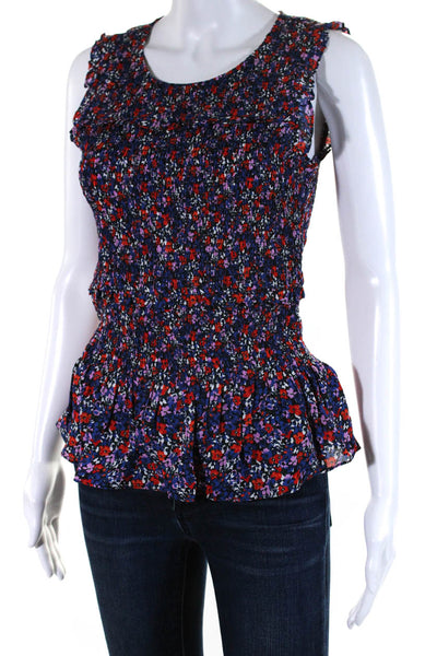 Parker Womens Silk Floral Print Smocked Sleeveless Blouse Top Navy Blue Size XS