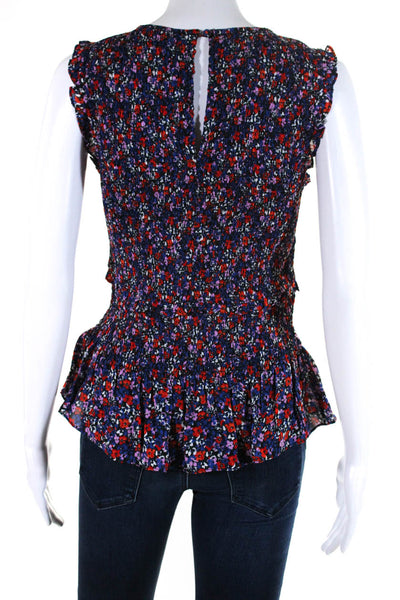 Parker Womens Silk Floral Print Smocked Sleeveless Blouse Top Navy Blue Size XS