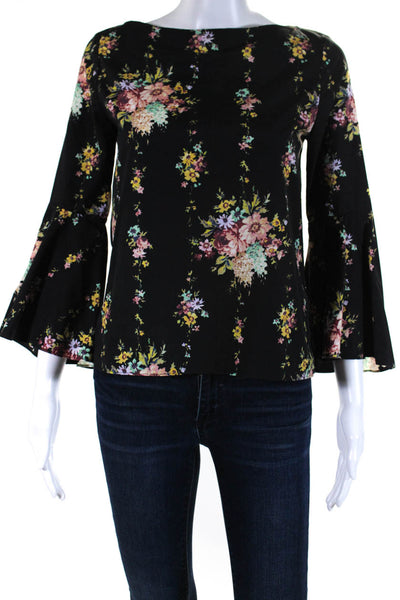 Alice + Olivia Womens Cotton Floral Print Long Flounce Sleeve Top Black Size XS