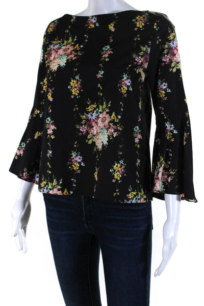 Alice + Olivia Womens Cotton Floral Print Long Flounce Sleeve Top Black Size XS