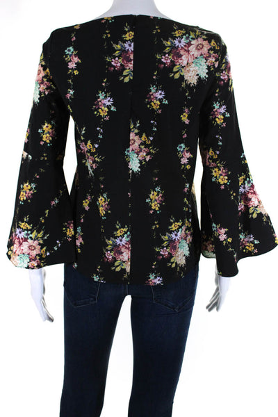 Alice + Olivia Womens Cotton Floral Print Long Flounce Sleeve Top Black Size XS