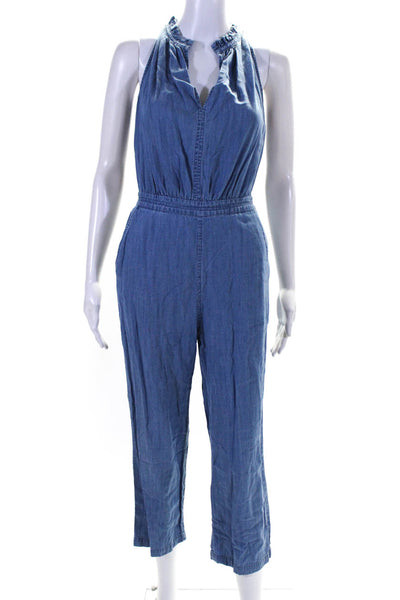 Point Sur Womens Sleeveless V Neck Straight Leg Chambray Jumpsuit Blue Size 00