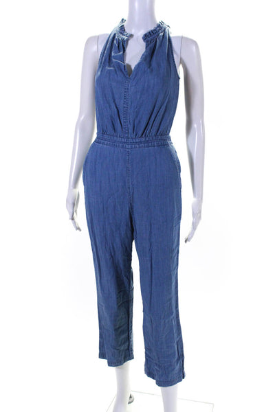 Point Sur Womens Sleeveless V Neck Straight Leg Chambray Jumpsuit Blue Size 00