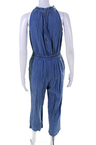 Point Sur Womens Sleeveless V Neck Straight Leg Chambray Jumpsuit Blue Size 00