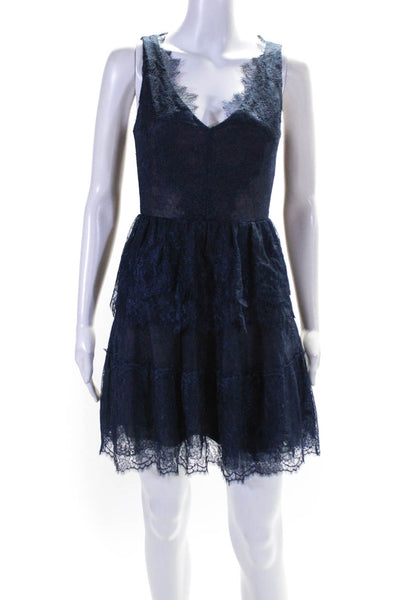 BCBGMAXAZRIA Womens Back Zip V Neck Lace Tiered Willa Dress Navy Blue Size 2XS