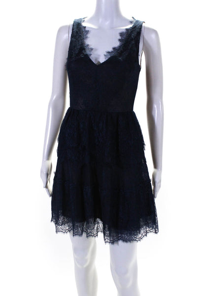 BCBGMAXAZRIA Womens Back Zip V Neck Lace Tiered Willa Dress Navy Blue Size 2XS