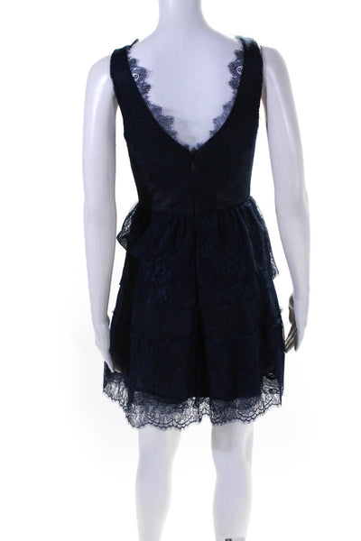 BCBGMAXAZRIA Womens Back Zip V Neck Lace Tiered Willa Dress Navy Blue Size 2XS