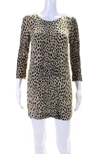 J Crew Womens 3/4 Sleeve Scoop Neck Leopard Spotted Dress Brown Black Size 0