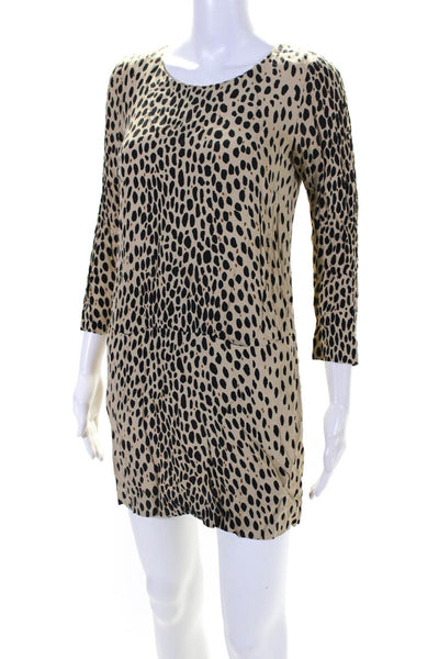 J Crew Womens 3/4 Sleeve Scoop Neck Leopard Spotted Dress Brown Black Size 0