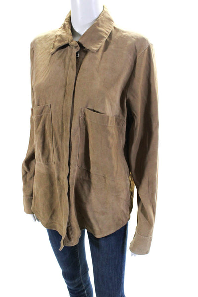 Zara Women's Collared Long Sleeves Full Zip Suede Jacket Camel Size L