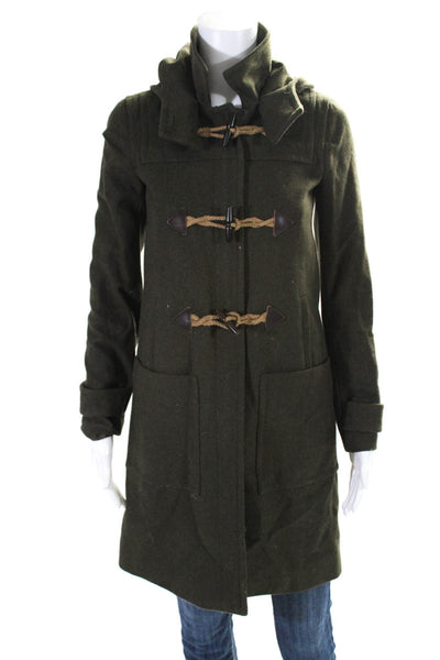 J Crew Womens Wool Hooded Toggle Closure Long Coat Jacket Olive Green Size 000