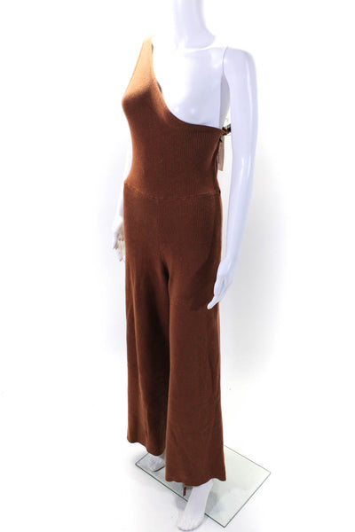 FP Beach Womens Ribbed Knit One Shoulder Wide Leg Jumpsuit Brown Size M