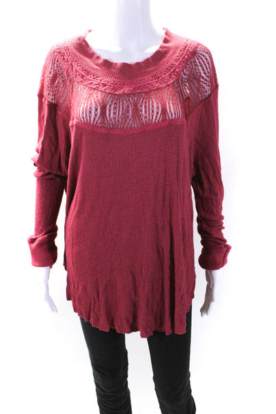 Free People Womens Jersey Knit Lace Long Sleeve Blouse Top Red Size L