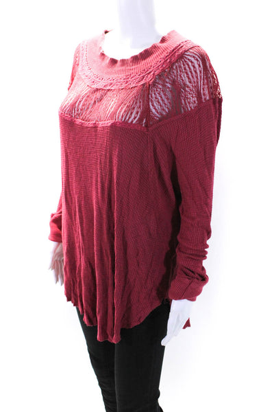 Free People Womens Jersey Knit Lace Long Sleeve Blouse Top Red Size L