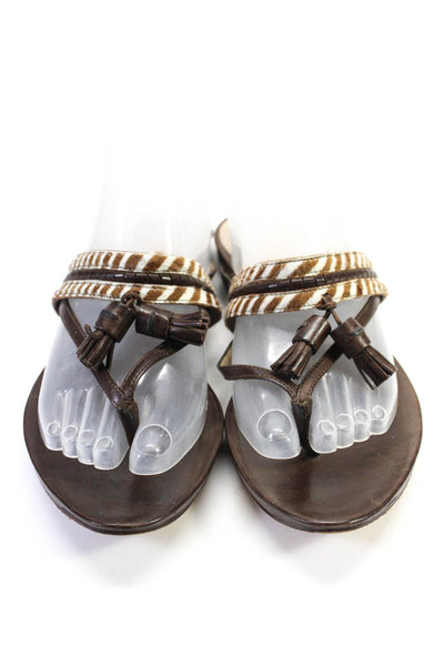 Giorgio Armani Womens Striped Pony Hair Leather Thong Sandals Brown Size 37 7