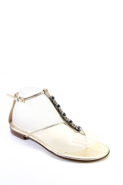 Valentino Womens Metallic Leather Rhinestone Braided T Strap Sandals Gold 37 7