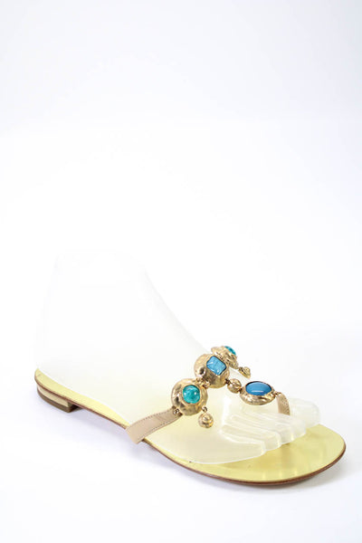 Giuseppe Zanotti Design Women Embellished Flat Thong Sandals Beige Gold 37.5 7.5