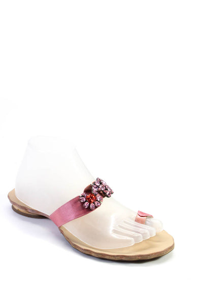 Dow Cieeillo Womens Rhinestone Satin Toe Ring Flat Slides Sandals Pink Size 7