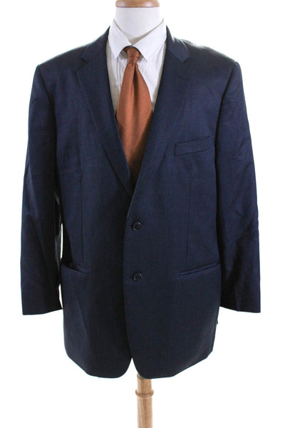 John Varvatos Mens Micro Check Two Button Blazer Jacket Navy Blue Wool Size 46