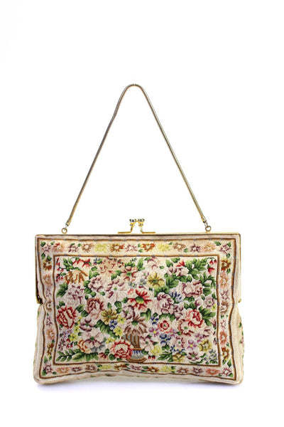 Lord & Taylor Womens Vintage Floral Embroidered Kiss Lock Top Handle Pouch Handb