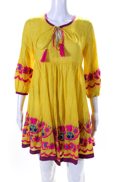 Christophe Sauvat Womens 3/4 Sleeve Embroidered Dress Yellow Pink Size XS