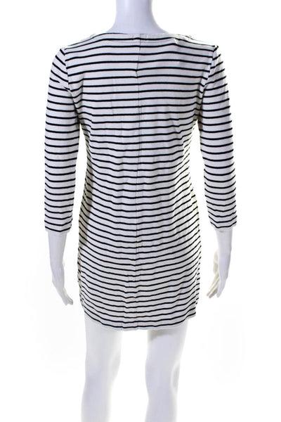 J Crew Womens 3/4 Sleeve Scoop Neck Striped Mini Shirt Dress White Black 2XS