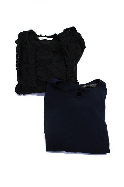 Zara Womens Eyelet Lace Trim Shirts Tops Navy Blue Black Size XS Lot 2