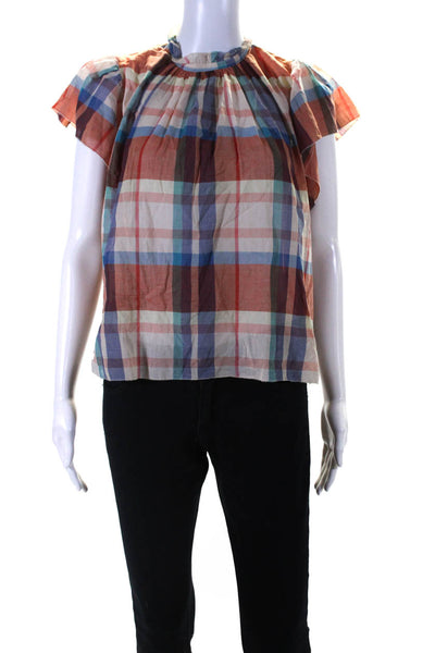 Birds of Paradis Womens Short Sleeve Crew Neck Plaid Top Orange White Size XS